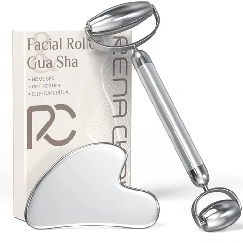 Rena Chris Gua Sha y juego de rodillos faciales: rodillo de acero inoxidable antirotura para un uso duradero, esculpir la mandíbula y reducir la