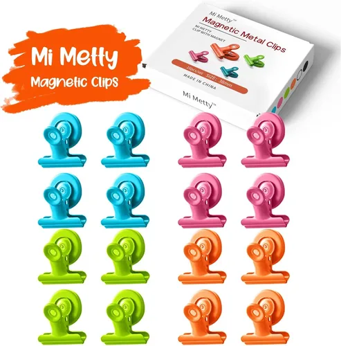 Miniatura 5 de Paquete de 16 clips magnéticos, clips de metal resistentes con imán fuerte para refrigerador y pizarra blanca, suministros coloridos para profesores