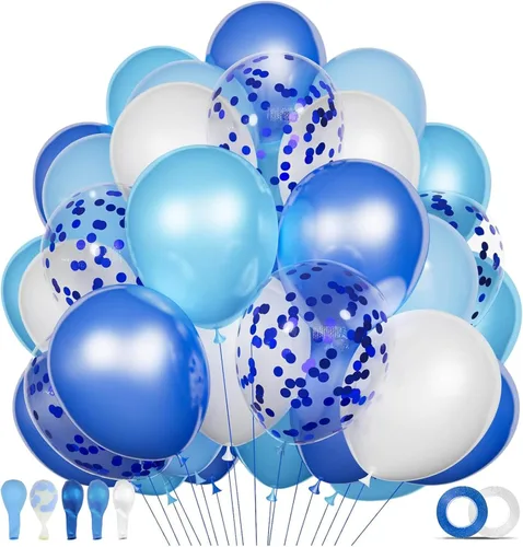Kit de 68 globos azules y blancos de 12 pulgadas, globos de confeti azul con azul claro, azul bebé y perla blanca con cintas para cumpleaños, bodas,