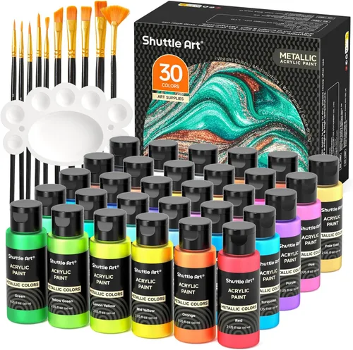 Shuttle Art Pintura acrílica metálica de 30 colores, pintura metálica de grado artista en botellas (2.3 onzas líquidas, 2 onzas), rica pigmentación,