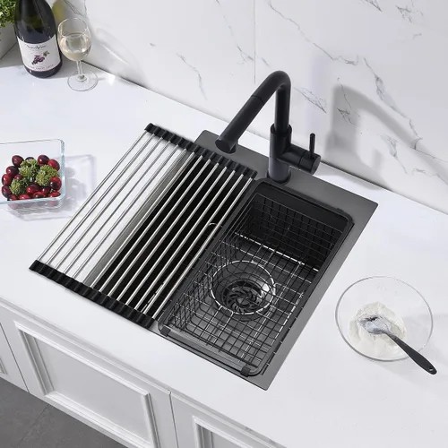 Miniatura 2 de Fregadero de barra negra de 15 pulgadas, 15 x 18 x 10 pulgadas, calibre 16, T304, de acero inoxidable negro, pequeño, fregadero de cocina, montaje