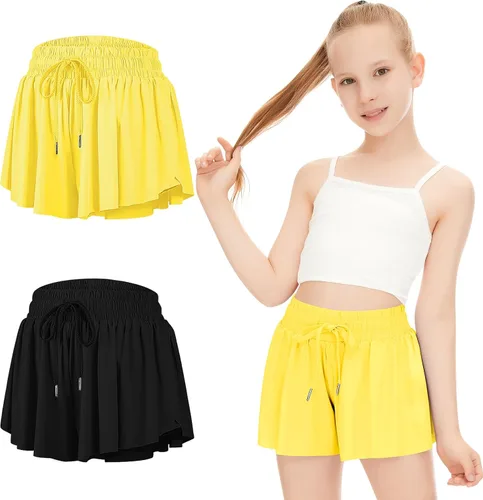 Paquete de 2 pantalones cortos de mariposa para niños y niñas, pantalones cortos holgados con bolsillo 2 en 1, pantalones cortos deportivos para
