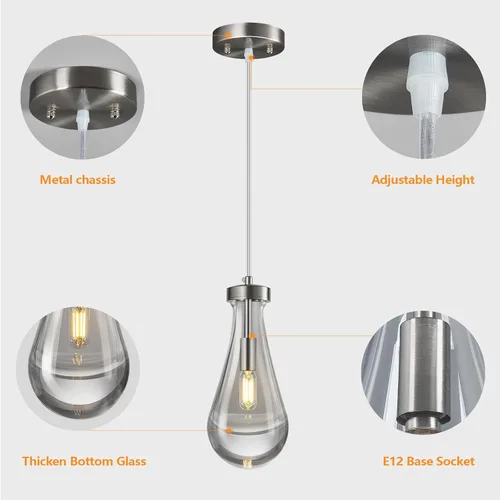 Miniatura 8 de Luces colgantes de gota de lluvia, lámparas colgantes de níquel en forma de lágrima para isla de cocina, lámparas colgantes de cristal sólido