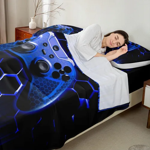 Miniatura 2 de Manfei Honeycomb - Juego de sábanas con diseño de mando de videojuegos tamaño Twin, juego de ropa de cama geométrica azul con controlador