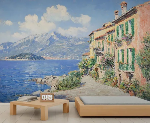 Miniatura 33 de Papel tapiz 3D de bicicleta rosa vintage, murales de flores de paisaje de primavera para sala de estar, pintura al óleo, papel tapiz rústico