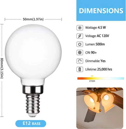 Miniatura 2 de Paquete de 6 bombillas LED G16.5 para ventilador de techo, bombilla LED regulable para candelabro de 4.5W equivalente a 60W 500LM, bombillas LED