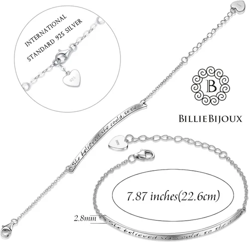 Miniatura 3 de Pulsera de plata de ley 925 para mujer con grabado inspirador ajustable "She Believed She Could So She Did" para mujeres y niñas