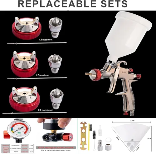 Miniatura 5 de DAXINYANG R500 Pistola rociadora LVLP con boquillas de 1.3/1.5/1.7/2.0mm, Válvula de control de flujo de aire y filtros de pintura, Pistolas