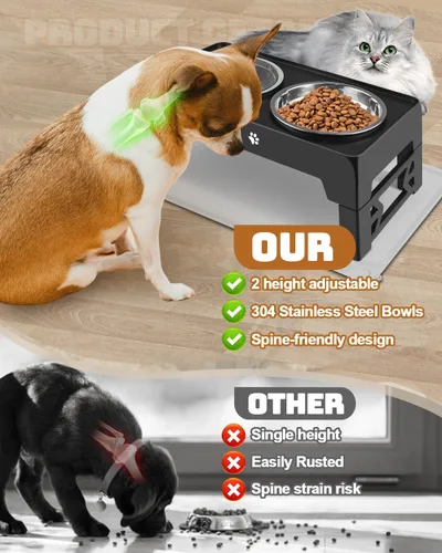 Miniatura 5 de Jovrun Cuencos elevados para perros y gatos pequeños con alfombra, cuencos antideslizantes para gatos con 1 plato de acero inoxidable y 1 cuenco
