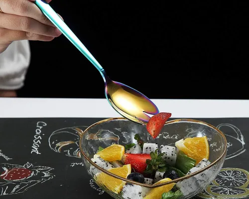 Miniatura 5 de HOMQUEN Juego de 4 cucharas de postre arcoíris de acero inoxidable de 7.5 pulgadas de diseño moderno, chapado en titanio colorido, apto