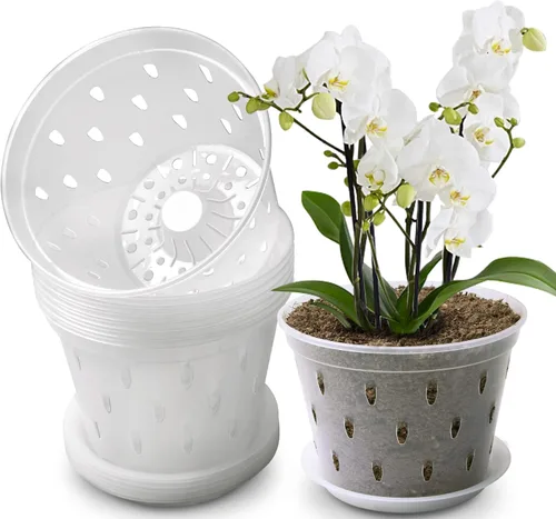 Maceta de orquídeas, 7 pulgadas, paquete de 8 macetas de orquídeas con agujeros y platillos, maceta de plástico transparente para interiores