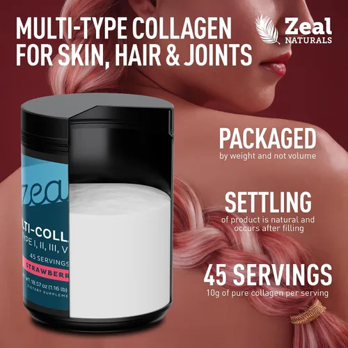 Miniatura 4 de Zeal Naturals Péptidos de proteína de colágeno múltiple en polvo tipo I II III V X - Vitamina C, biotina y ácido hialurónico - cabello, piel y uñas