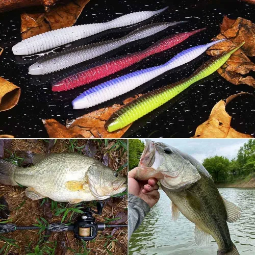 Miniatura 6 de Aparejos de pesca de gusanos de plástico suave para lubina, gusanos de goma de 4 pulgadas, gusanos locos, cebos de cola recta, kit de 49 piezas
