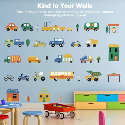 Miniatura 4 de Calcomanías de pared extraíbles de vehículos de ciudad de dibujos animados para decoración de pared de habitación de niños, vehículos de transporte