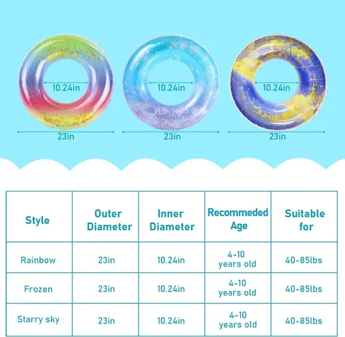 Miniatura 2 de Flotadores de piscina para niños, paquete de 3, anillos de natación inflables para niñas de 4 a 10 años, juguetes de tubos de piscina, flotadores
