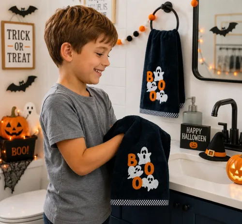 Miniatura 2 de Serafina Home Toallas de mano de baño de Halloween, fantasmas bordados, diseño Boo, juego de 2, color negro, 16 x 25 pulgadas