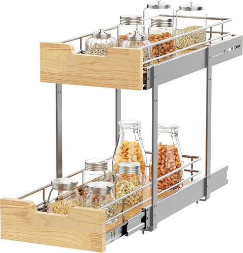 Miniatura 8 de Sikarou Organizador de gabinete extraíble, estante deslizante resistente, cesta de madera y alambre, cajón extraíble para cocina debajo