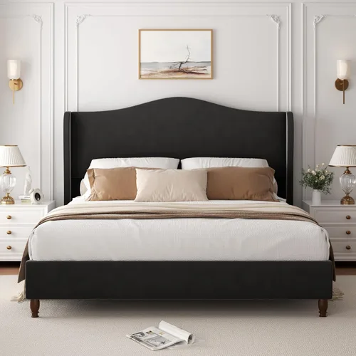 Miniatura 10 de Armazón de cama tamaño completo con cabecera de 51" de altura, marcos de cama de plataforma tapizados en chenilla con respaldo clásico curvado tipo