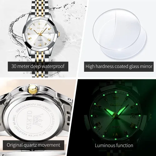 Miniatura 38 de OLEVS Reloj para parejas para él y ella, reloj analógico de cuarzo para hombres y mujeres, de acero inoxidable, impermeable, luminoso, fecha, reloj