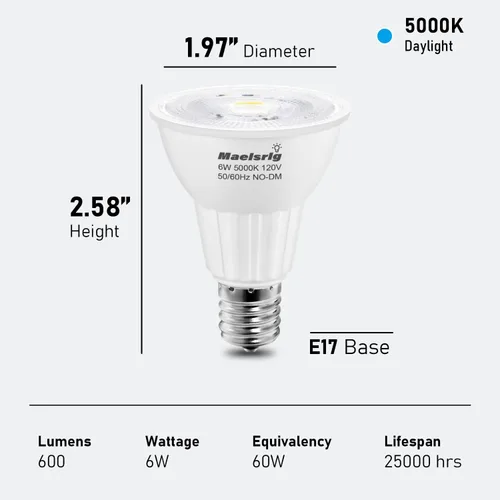Miniatura 3 de Maelsrlg Bombilla LED E17 6W (equivalente a 60 vatios), bombilla de foco de base intermedia, luz blanca de día 5000K, 600 lúmenes, foco reflector