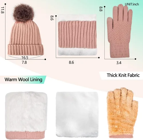 Miniatura 2 de Juego de 3 gorros de punto de invierno para mujer bufanda y guantes para pantalla táctil con pompón