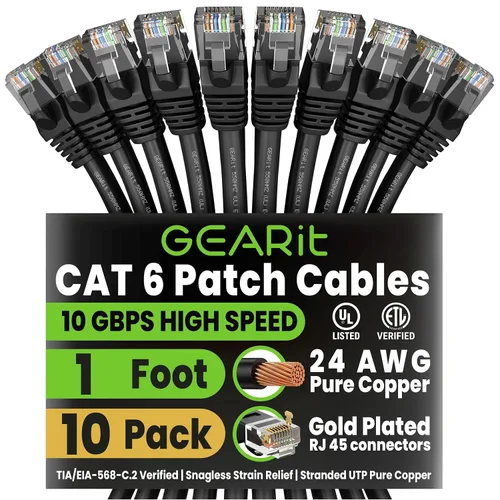Miniatura 28 de Paquete de cables Ethernet Cat 6 GEARit - Paquete de 10 cables de conexión Ethernet Cat6 de 1 pie Cable de conexión de red RJ45, conectores Azul