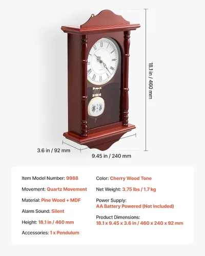 Miniatura 7 de VEVOR Reloj de pared vintage de abuelo, reloj de pared de madera de pino de 18 pulgadas con péndulo, relojes de pared de MDF con movimiento