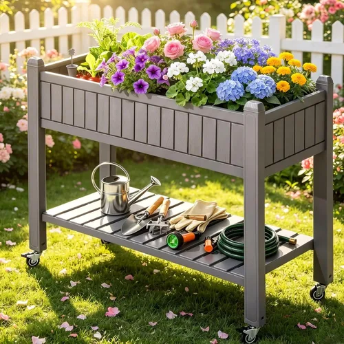 Miniatura 13 de YITAHOME Cama de jardín elevada de polietileno de alta densidad, 47 x 18 x 31 pulgadas, maceta elevada de madera de polietileno resistente a