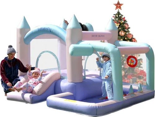 INFLATEFLY Casa inflable de rebote para niños, castillo hinchable con tobogán y soplador, piscina de bolas, aro de baloncesto, juego de dardos,