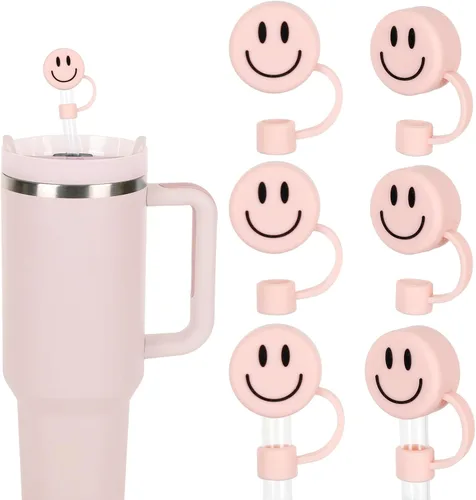 Whaline 6 fundas de cara sonriente, color rosa claro, doble cara, con patrón de punta de 0.4 pulgadas, de silicona, reutilizable, redondo, para vaso