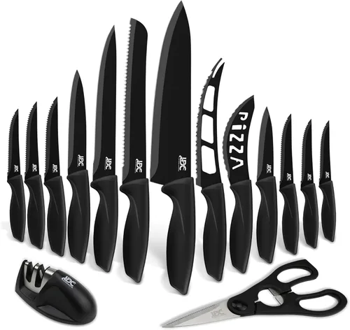 LDC - Juego de cuchillos negros de cocina, acero inoxidable, aptos para lavavajillas, juego de cuchillos ergonómicos con asas antideslizantes,