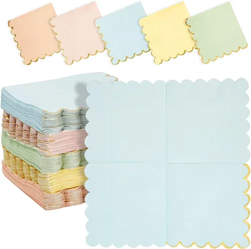 Sparkle and Bash Servilletas pastel – Paquete de 150, 5 x 5 pulgadas, 3 capas, borde festoneado de lámina dorada, 5 colores – Decoraciones de fiesta