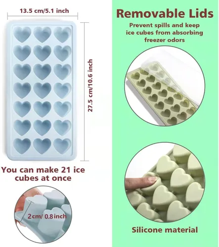 Miniatura 2 de Bandeja de cubitos de hielo en forma de corazón, molde de silicona de 21 agujeros con tapa extraíble flexible para whisky cóctel chocolate Azul