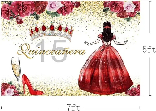 Miniatura 2 de AIBIIN Telón de fondo de quinceañera de cumpleaños número 15 para niñas, fondo de fotografía floral rojo, corona de princesa, tacones altos