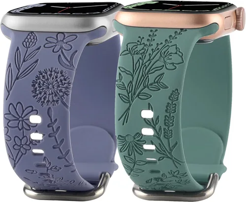 Correa de silicona grabada con flores compatible con correas de Apple Watch de 1.496 pulgadas, 1.575 pulgadas, 1.614 pulgadas, bonita correa