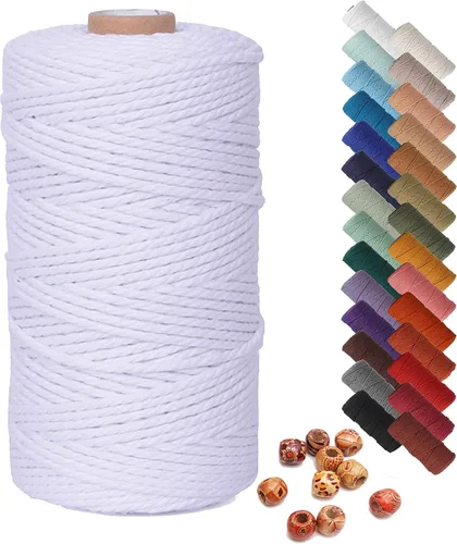 Cordón de macramé blanco de 0.079 pulgadas x 220 yardas, hilo de algodón natural para tejer a mano de macramé colorido, 4 hebras de cuerda torcida