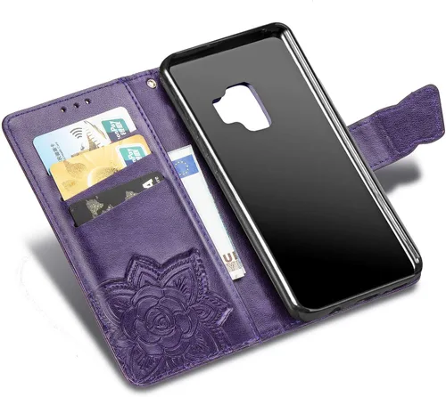 Miniatura 3 de Funda para teléfono Samsung Galaxy S9, funda con tapa para mujer con tarjetero de crédito, diseño de flor de mariposa en relieve, correa de muñeca