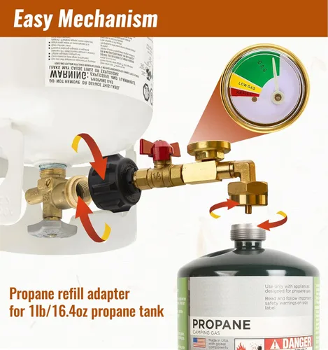 Miniatura 5 de CALPOSE Adaptador de Recarga de Propano con Válvula y Medidor, Llena Botellas de 1 Libra desde Tanque de 20 Libras, Compatible con Tanque de Propano