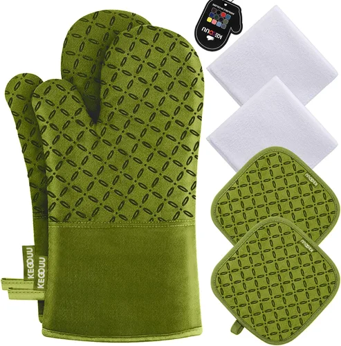 Miniatura 18 de KEGOUU Juego de 6 manoplas para horno y soportes para ollas, guantes para horno de cocina, resistentes al calor, 500 grados, extra largos
