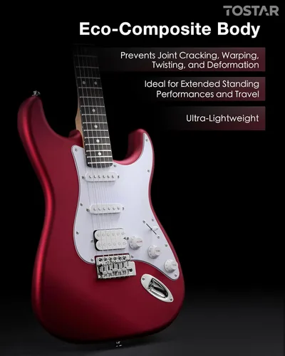 Miniatura 6 de Tostar Kit de guitarra eléctrica con amplificador, 39 pulgadas, tamaño completo, 6 cuerdas, ligero, diseño de cuerpo redondeado, interruptor