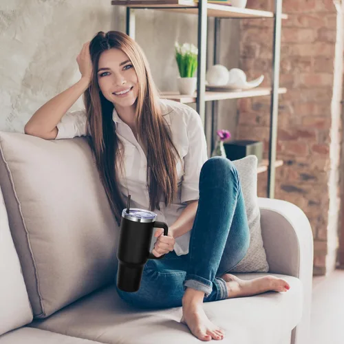 Miniatura 7 de DOMICARE Vaso de 40 oz con asa y pajita, vaso de acero inoxidable con tapa y pajita, reutilizable, aislado al vacío, taza para café de viaje