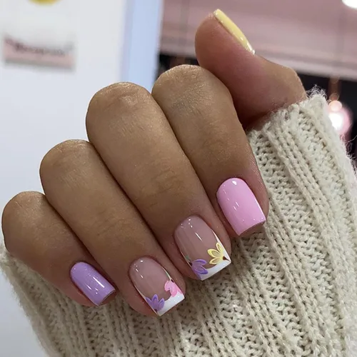Miniatura 11 de Uñas postizas cortas a presión, uñas acrílicas cuadradas, coloridas de cobertura completa, uñas adhesivas brillantes en líneas, uñas reutilizables