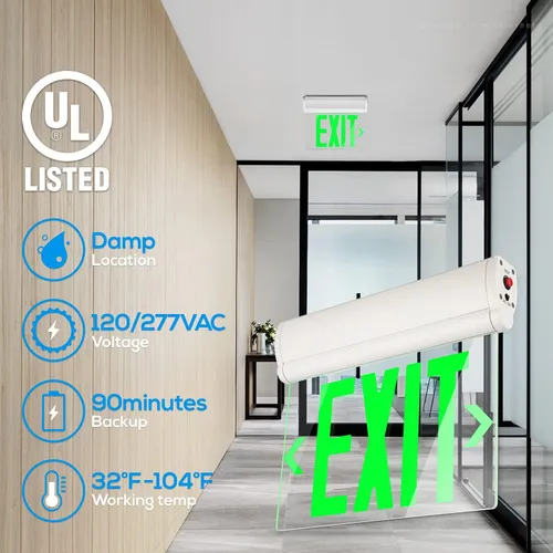 Miniatura 2 de LEONLITE Señal de salida de emergencia verde, UL 924, letrero de salida LED con borde iluminado, luces de salida cableadas con batería de respaldo