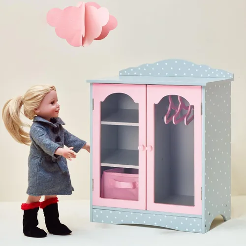 Miniatura 4 de Olivia's Little World Armario doble de madera estilo coctelera de lunares para armarios de muñecas de 18 pulgadas con puertas con ventana, tres