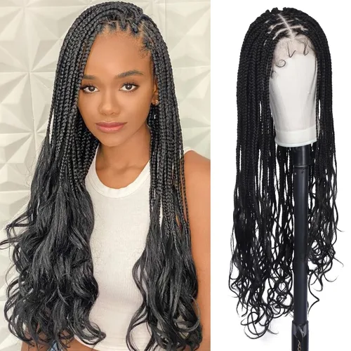 Miniatura 10 de Alebery Pelucas Trenzadas de Caja Bohemias Sin Nudos de Encaje Frontal HD 13X8 para Mujeres Negras Pelucas de Trenzas de Caja Bohemias con Rizos