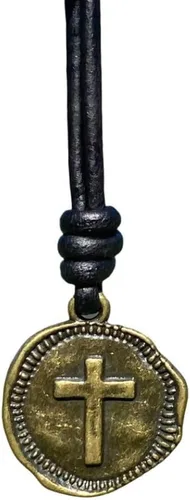 Collar de Cruz de Cuero para Hombres - Moneda de Cruz para Hombre, Colgante Religioso, Collares de Medallón, Regalo de Navidad, Colgante Católico,