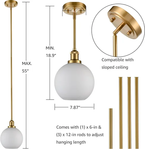 Miniatura 6 de DAYCENT Modernas luces colgantes doradas para isla de cocina, lámpara colgante de vidrio de leche, lámpara colgante de globo de mediados de siglo