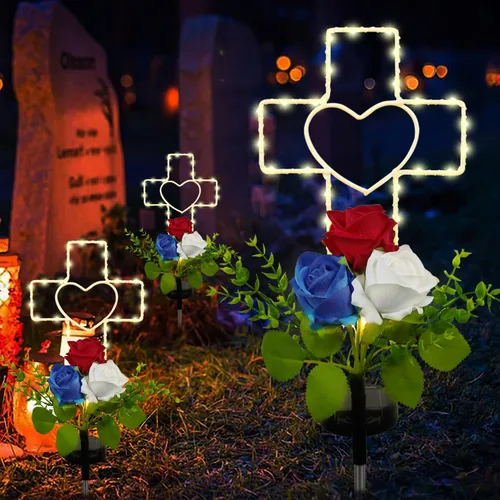 Miniatura 2 de Lmtocs Decoraciones solares para el Día de los Caídos, luces de cruz, decoraciones del 4 de julio, luces conmemorativas al aire libre, decoraciones
