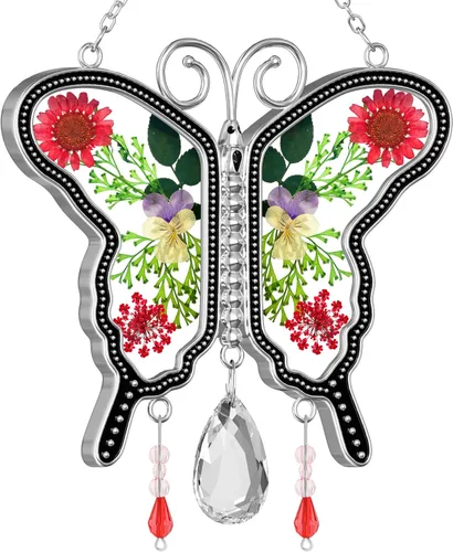 Miniatura 15 de KY&BOSAM Atrapasoles de cristal pintado a mano con cabeza de caballo, campanilla de viento con flor prensada incrustada en ventana de cristal, Día