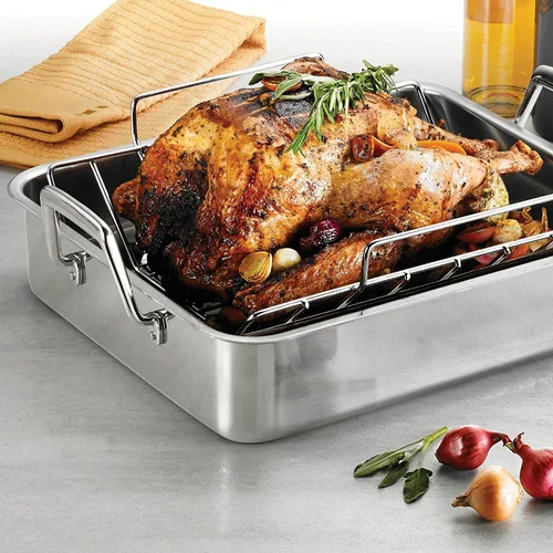 Miniatura 3 de Tramontina Bandeja de Asar Profunda de Acero Inoxidable de 16.5 Pulgadas con Parrilla para Rociar y Rejilla en V, Asador de Pavo para Horno, Apto